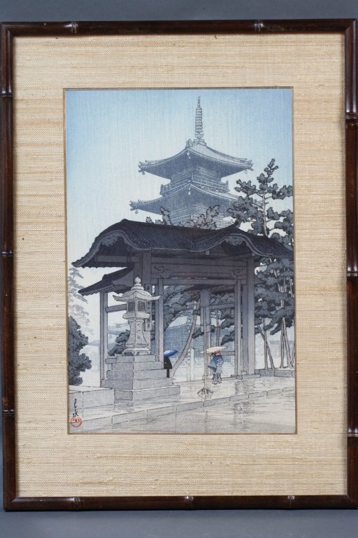 KAWASE HASUI (1883-1957) JAPANESE WOODBLOCK:: sight: 14 "H X 9 1/2" W frame: 20"H X 14 1/2 "W "Zensetsū Temple, Sanshū" Kawase Hasui (1883-1957) Source: Carnegie Museum of Art website http://www.cmoa.org/exhibitions/archives04fall.asp#ka