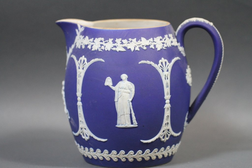 WEDGEWOOD BLUE & WHITE JASPERWARE PITCHER:: 6.5" X 7.25" X 5"D