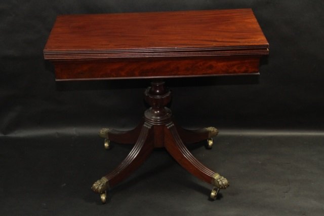 BALTIMORE MAH. CARD TABLE C.1815 ATTR. NEEDLES/CAMP :: BALTIMORE MAHOGANY CARD TABLE CIRCA 1815 ATTRIBUTED TO JOHN NEEDLES OR WILLIAM CAMP: Triple Reeding