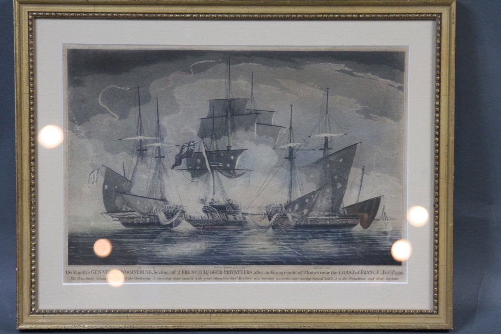 "GUN VESSEL WOOLVERRINE" 1799 BATTLE ON WATER ART:: Sight: 9.75H X 14W Frame: 13.25H X 17.75W