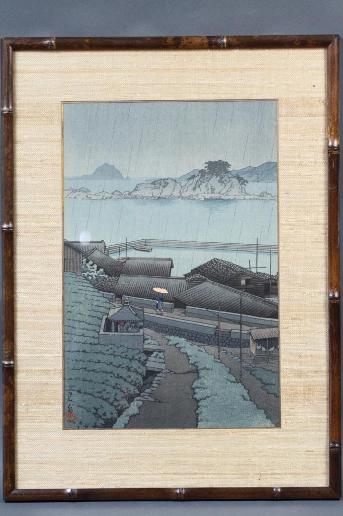 KAWASE HASUI (1883-1957) JAPANESE WOODBLOCK:: sight:14"H X 9 1/4"W frame: 19 3/4" H X 14 1/2"W Kawase Hasui (1883-1957) Source: Carnegie Museum of Art website http://www.cmoa.org/exhibitions/archives04fall.asp#kawase Kawase Hasui is considered on