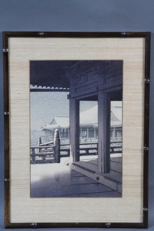 KAWASE HASUI (1883-1957) JAPANESE WOODBLOCK:: Sight: 14"H X 9.25"W Frame: 19.75"H X 14.5"W Kawase Hasui (1883-1957) Source: Carnegie Museum of Art website http://www.cmoa.org/exhibitions/archives04fall.asp#kawase Kawase Hasui is considered one of