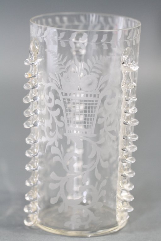 ANTIQUE HAND-BLOWN ETCHED BEAKER:: 5.25"H X 2.75"D