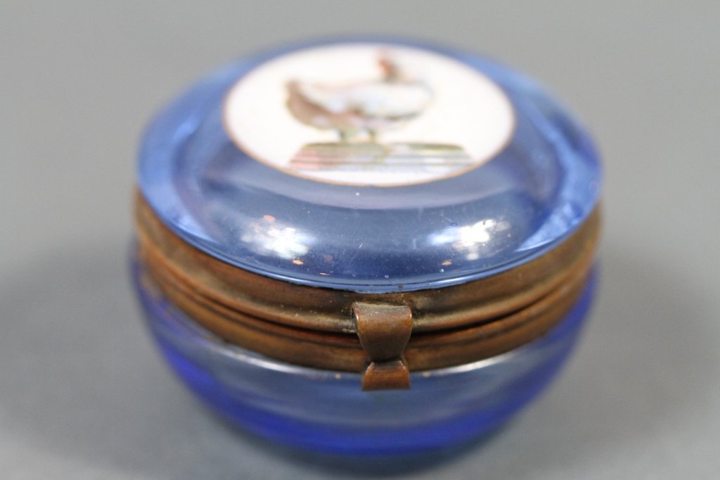 ANTIQUE HAND-PAIINTED GLASS PILL BOX:: 1.25"H X 2"D