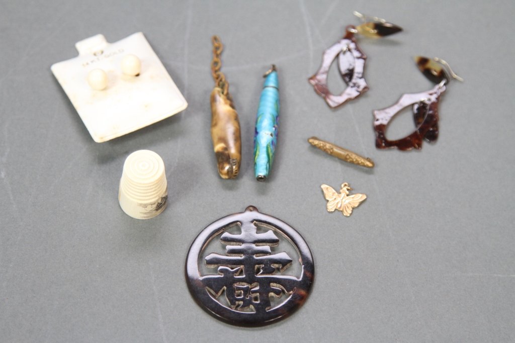 ASIAN MISC. LOT:: EARRINGS, IVORY THIMBLE, PENDANTS