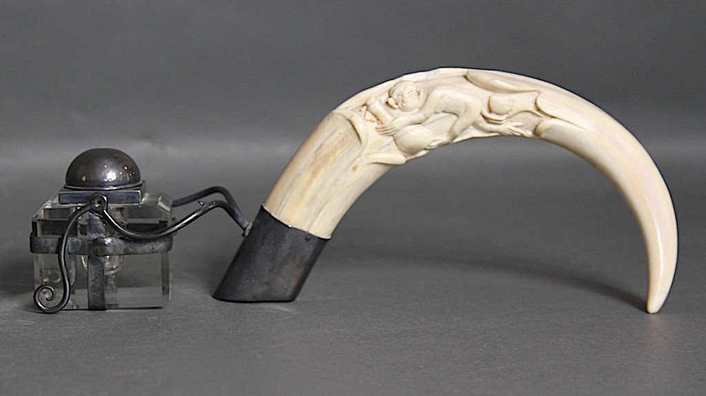 CARVED IVORY WILD BOARS TUSK SILVERPLATED INKWELL:: 4.5"H X 11"W