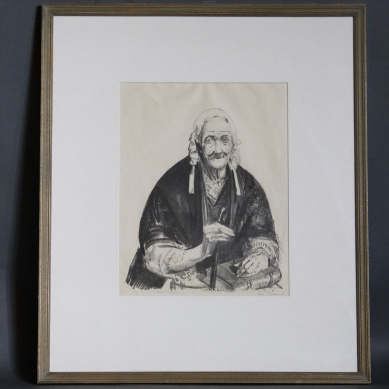 GEORGE BELLOWS(1882-1925) "IRISH GRANDMOTHER": Appraisal info... We will include a copy from the estate: "Irish Grandmother",1923 lithograph by George Wesley Bellows (1882-1925). Edition 90. signed lower righ and bottom center. Bolton Brown Imp. l