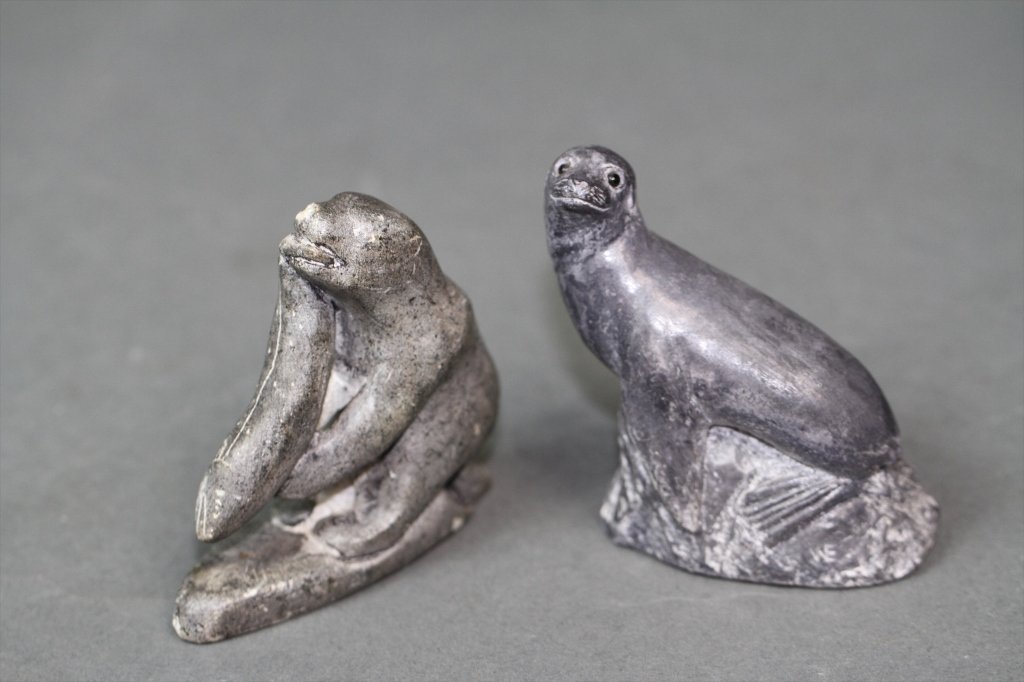 INUIT SOAPSTONE CARVINGS:: 3"H X 3.25"W X 2"D 3.25"H X 3"W X 1"D