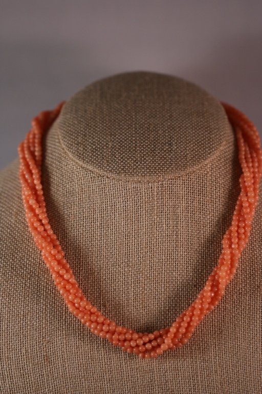 CHINESE CORAL BEADED MULTI STRAND CHOKER NECKLACE:: CORAL BABY BEAD NECKLACE 17"