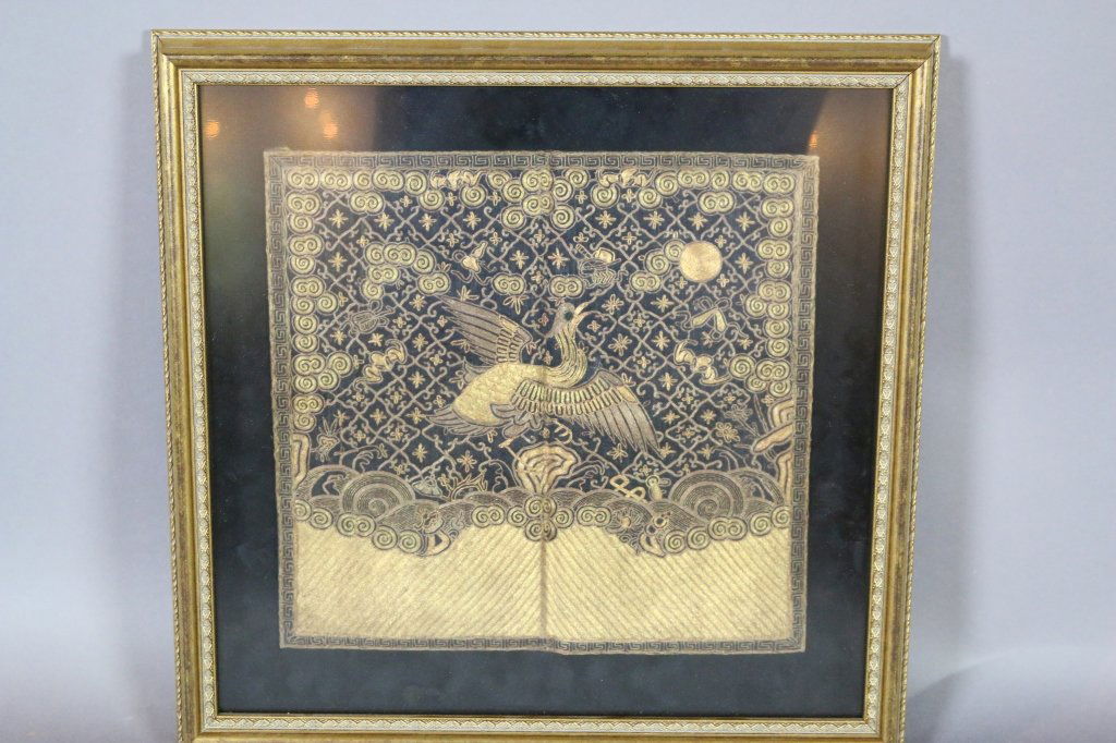JAPANESE ANTIQUE GOLD SILK TEXTILE BUNTING: JAPANESE ANTIQUE GOLD SILK TEXTILE BUNTING SHAOW BOX FRAME VERY FINE