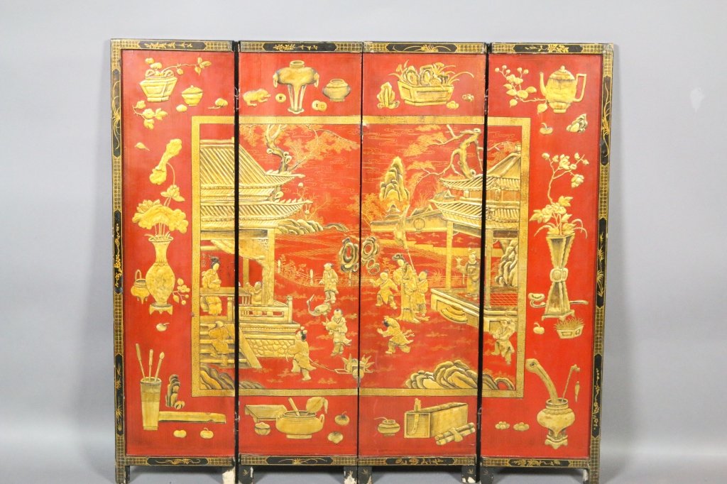 CHINESE ANTIQUE LAQUER RAISED RELIEF SCREEN: CHINESE ANTIQUE LAQUER RAISED RELIEF SCREEN 37"H X 40"