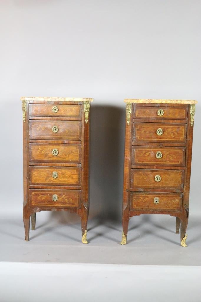 FRENCH ANTIQUE MARBLE TOP BRONZE MOUNT STANDS: FRENCH ANTIQUE MARBLE TOP BRONZE MOUNT FIVE DRAWER STANDS. FINE MARQUETRY AND INLAY.