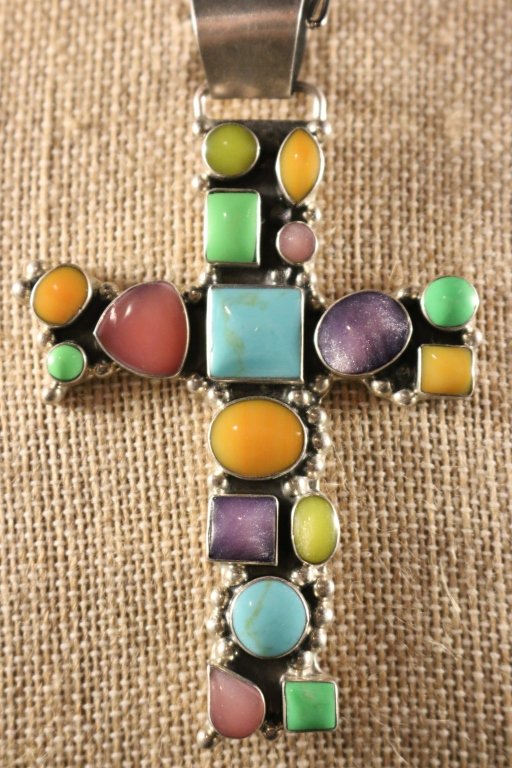 NATIVE AMERICAN MULTISTONE STERLING CROSS: NATIVE AMERICAN MULTISTONE STERLING CROSS 925 MARK 3.5" X 2.25"