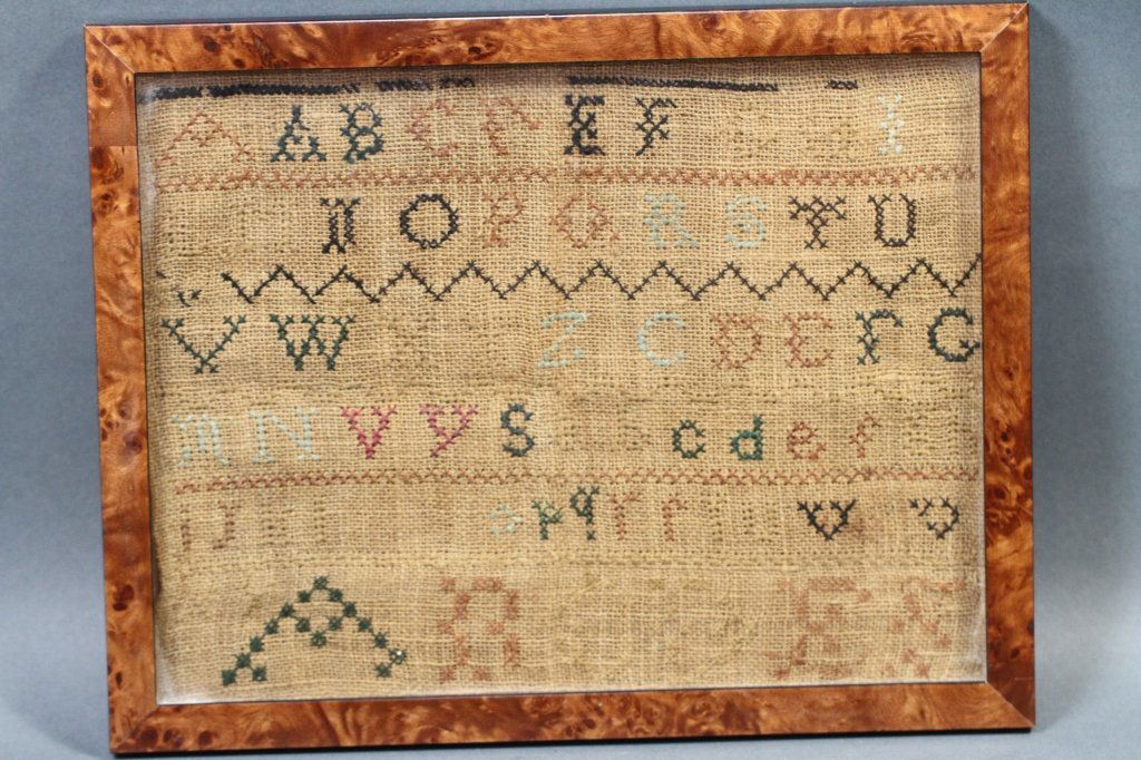 ANTIQUE SAMPLER IN BURL WALNUT FRAME: ANTIQUE SAMPLER IN BURL WALNUT FRAME Sight: 7.75"H X 10.75"W Frame: 8.25"H X 11.25"W
