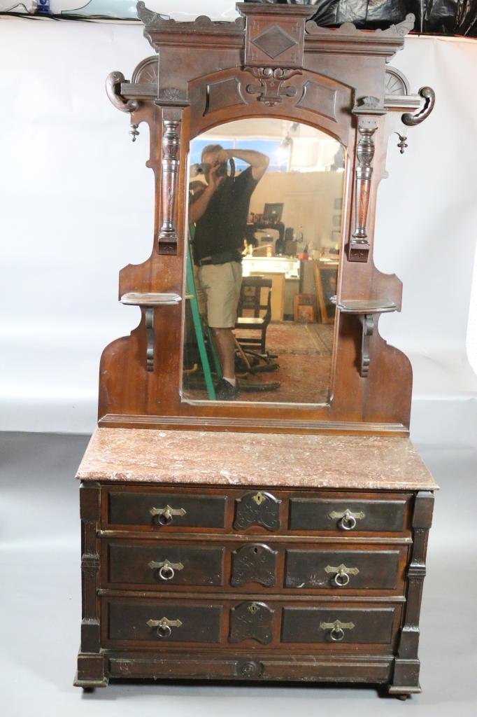 VICTORIAN ANTIQUE WALNUT MIRRORED DRESSER: VICTORIAN ANTIQUE WALNUT MIRRORED DRESSER - EASTLAKE ERA WITH APPLIED CARVINGS AND ADDITIONS