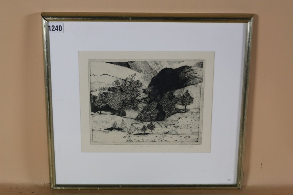 CLAUDE SAUCY ETCHING 53/100: LANDSCAPE W/6 CATS; F: 18" X 20"; S: 9.5" X 11.5"