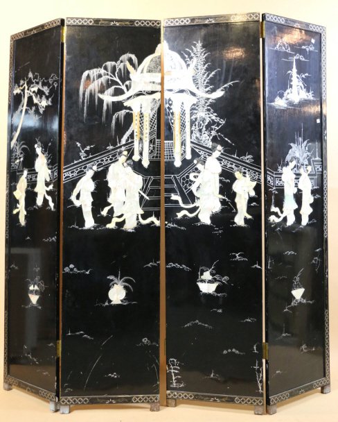 CHINESE MOTHER OF PEARL SCREEN: MOTHER OF PEARL FOUR PANEL SCREEN