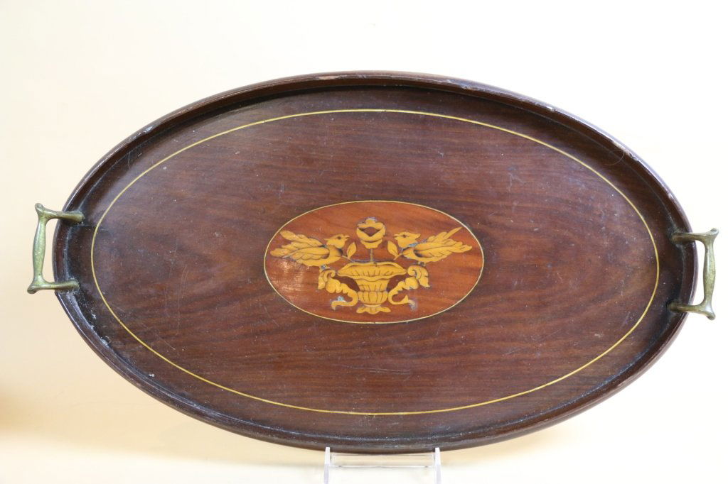 ENGLISH ANTIQUE MAHOGANY INLAID TRAY: ENGLISH ANTIQUE MAHOGANY INLAID TRAY; 14" X 24"