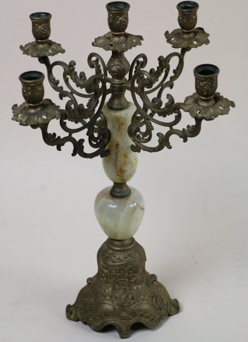 ALABASTER AND BRONZE 5 ARM CANDLEABRA: ALABASTER AND BRONZE 5 ARM CANDLEABRA