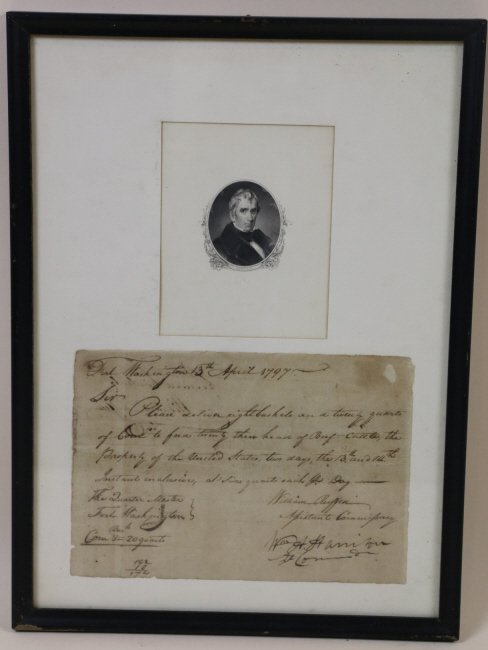 WILLIAM HENRY HARRISON LETTER SIGNATURE APRIL 1797: LETTER AS LIEUTENANT, COMMANDANT, FORT WASHINGTON, APRIL 13, 1797 FOR DELIVERY OF BUSHELS OF CORN FOR UNITED STATES ARMY