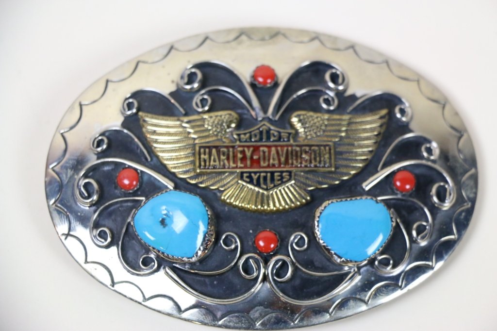 HARLEY DAVIDSON TURQUOISE & CORAL BELT BUCKLE: SIGNED SQUAW WRAP