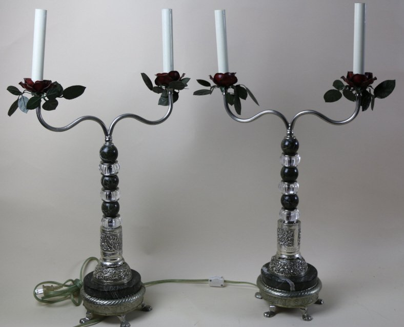 (2) FREDERICK COOPER MARBLE & TOLE ROSE LAMPS: A FINE PAIR OF FREDERICK COOPER MARBLE & TOLE ROSE LAMPS