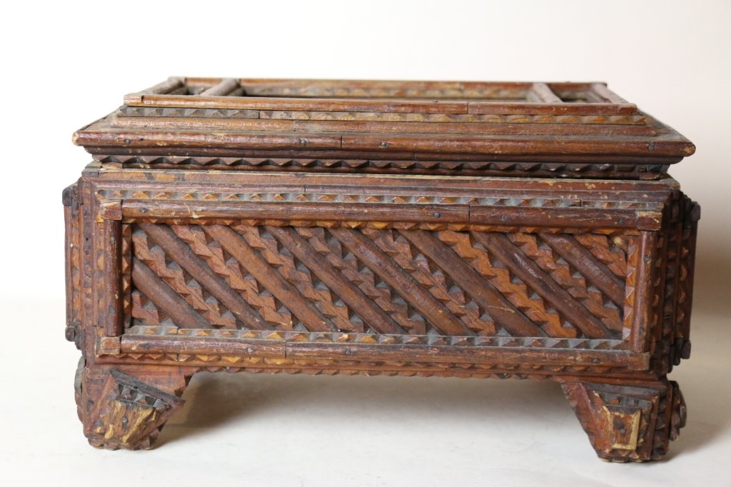 ANTIQUE TRAMP ART JEWELRY BOX: ANTIQUE TRAMP ART JEWELRY BOX; 14" X 9"