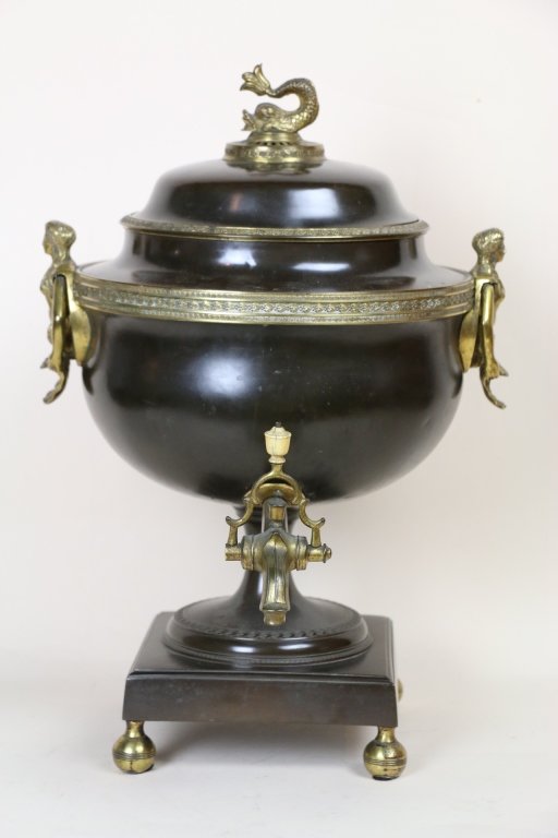 RUSSIAN ANTIQUE DOLPHIN SAMOVAR W/MERMAID HANDLES: RUSSIAN ANTIQUE SAMOVAR; OVERSIZED; 18" X 12"; HANDLES ARE MERMAIDS WITH DOLPHIN ON TOP