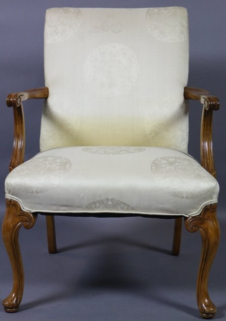 CHINESE SILK UPHOLSTERED MAHOGANY QUEEN ANNE CHAIR (1 of 6)