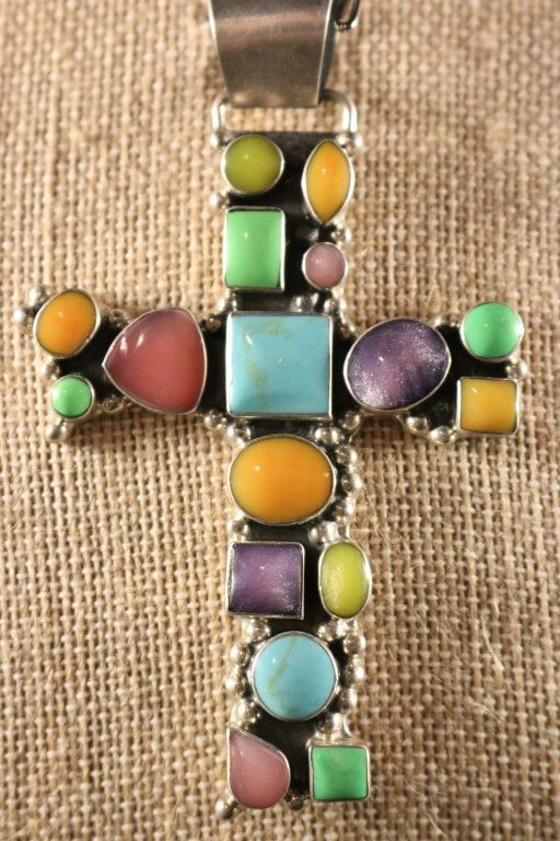 NATIVE AMERICAN MULTISTONE STERLING CROSS (1 of 6)