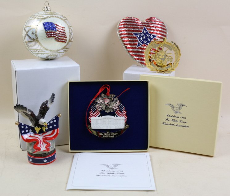 WHITE HOUSE ORNAMENTS LOVE AMERICA: ORNAMENT LOT INCLUDING THE AMERICAN HISTORICAL SOCIETY 1995 AND FRENCH LIMOGE STYLE BALD EAGLE BOX