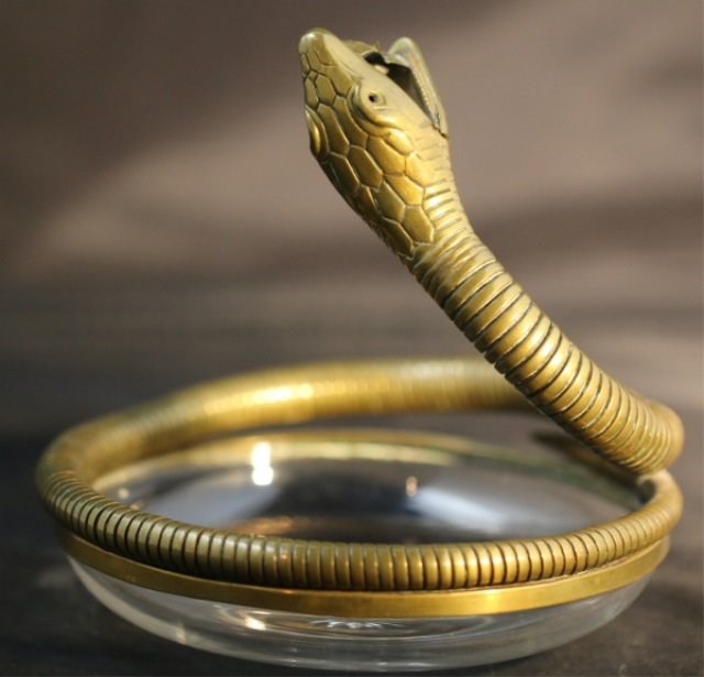 ANTIQUE BRONZE CRYSTAL CIGAR CUTTER ASHTRAY: ANTIQUE BRONZE CRYSTAL CIGAR CUTTER ASHTRAY