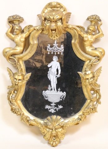 FINE PERIOD ANTIQUE GILT BACCHUS MIRROR: BACCHUS MIRROR; ORIGINAL HAND BLOWN & ETCHED MIRROR; 34"H X 25"