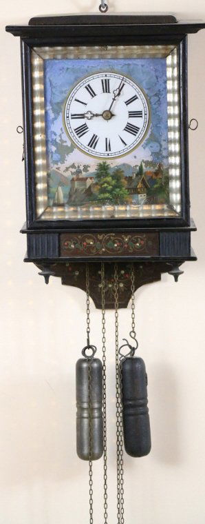 GERMAN ANTIQUE REVERSE PAINTED WALL CLOCK: GERMAN ANTIQUE REVERSE PAINTED WALL CLOCK