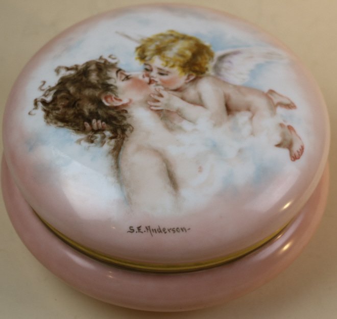 LIMOGE S.E. ANDERSEN DRESSER BOX: LIMOGE DRESSER BOX SIGNED S.E. ANDERSEN WITH CUPID