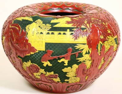 CHINESE RARE CINNABAR FISH BOWL: CHINESE RARE CINNABAR FISH BOWL; approximately 14"H x 20"