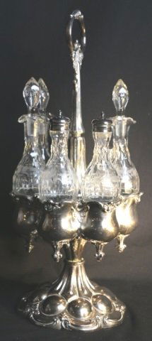 ENGLISH ANTIQUE SILVER & CUT GLASS CRUET SET: ENGLISH ANTIQUE SILVER & CUT GLASS CRUET SET