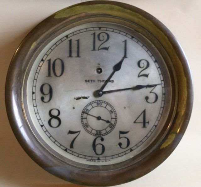 SETH THOMAS ANTIQUE OVERSIZED NAVAL SHIPS CLOCK: SETH THOMAS ANTIQUE OVERSIZED SHIPS NAVAL CLOCK; approx. 3" x 10.5" D