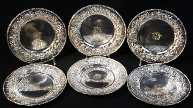 S. KIRK & SON STERLING SILVER REPOUSSE PLATES: S. KIRK & SON STERLING SILVER REPOUSSE PLATES SET OF SIX SERVICE / BREAD PLATES
