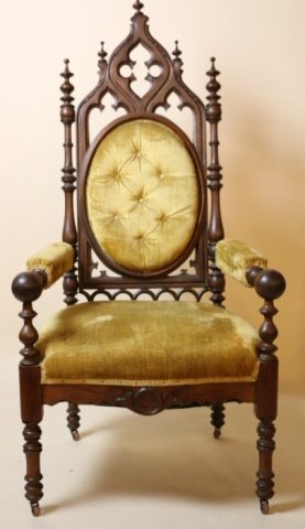 ENGLISH 19TH C GOTHIC REVIVAL ARMCHAIR: ENGLISH 19TH C GOTHIC REVIVAL ARMCHAIR ON CASTERS; approx. 54"H x 25"W x 24"D