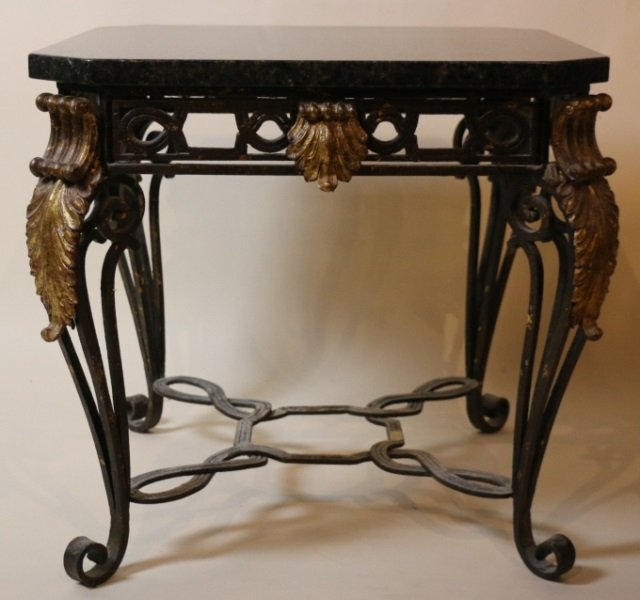 MAITLAND SMITH/LA BARGE GRANITE TOP IRON TABLE: MAITLAND SMITH/LA BARGE GRANITE TOP IRON WORK TABLE