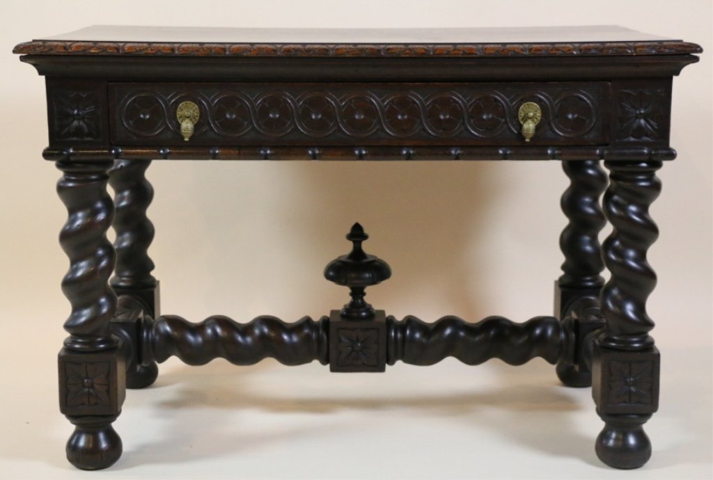 ENGLISH ANTIQUE BARLEY TWIST LIBRARY TABLE: ENGLISH ANTIQUE BARLEY TWIST LIBRARY TABLE; 29" x 43" x 26"