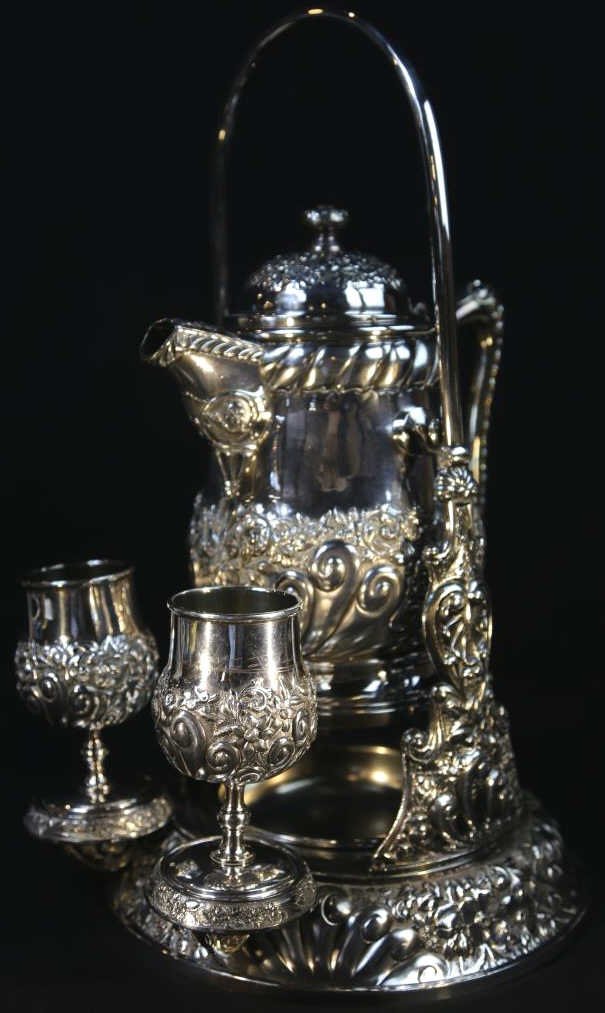 ANTIQUE SILVER PLATE LIBATION SET: ANTIQUE SILVER PLATE LIBATION SET