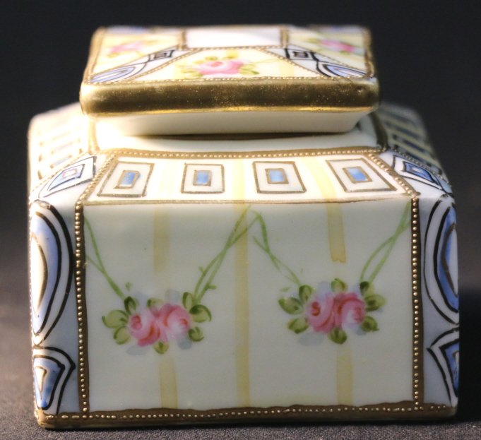 NIPPON HAND PAINTED DRESSER BOX: NIPPON HAND PAINTED DRESSER BOX; INKWELL W/ MISSING INSERT