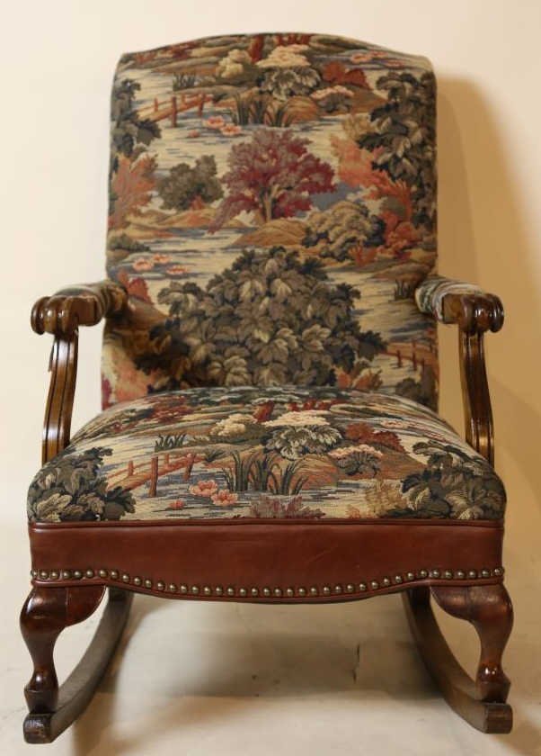CUSTOM UPOLSTERED NAIL HEAD TRIMMED VINTAGE ROCKER: CUSTOM UPOLSTERED NAIL HEAD TRIMMED VINTAGE ROCKER 38" x 26" X 28"