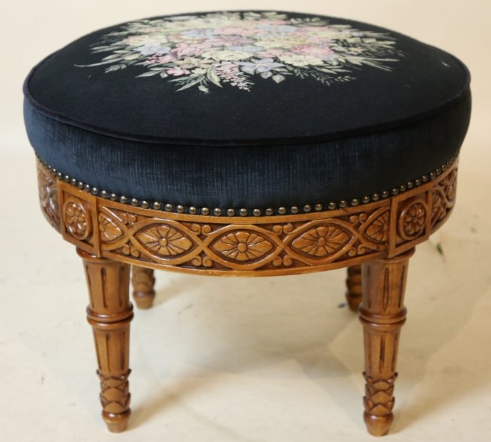 NEEDLEPOINT & NAIL HEAD OVERSIZED FOOT STOOL: NEEDLEPOINT & NAIL HEAD OVERSIZED FOOT STOOL 20" X 25"