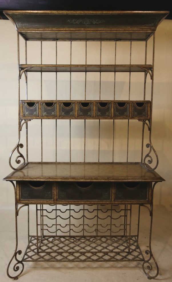 IRON & TOLE TIN CONTEMPORARY BAKERS RACK: IRON & TOLE TIN CONTEMPORARY BAKERS RACK; 79" x 46" x 20"