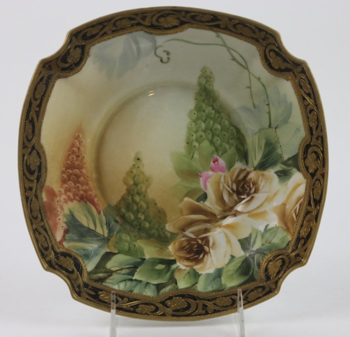 ANITQUE NIPPON HAND PAINTED FLORAL JEWELED PLATE: ANITQUE NIPPON HAND PAINTED FLORAL JEWELED PLATE