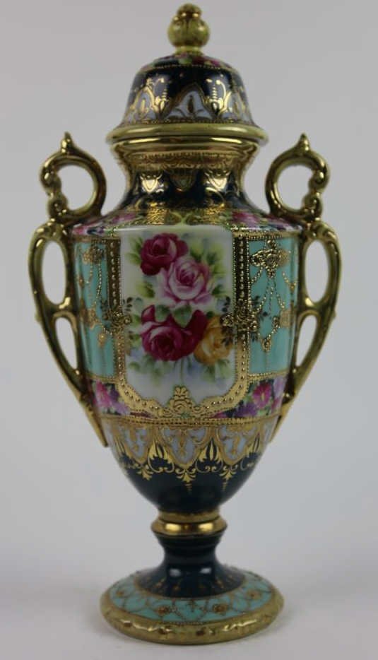 ANTIQUE NIPPON JEWELED TWIN HANDELED VASE: ANTIQUE NIPPON JEWELED TWIN HANDELED VASE; 16"