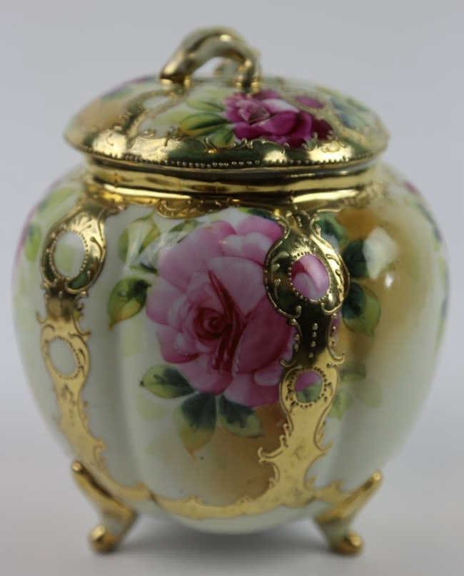 ANTIQUE NIPPON LIDDED JEWLED VASE: 9" HEIGHT X 6.5" DIAMETER; ANTIQUE NIPPON LIDDED JEWELED VASE